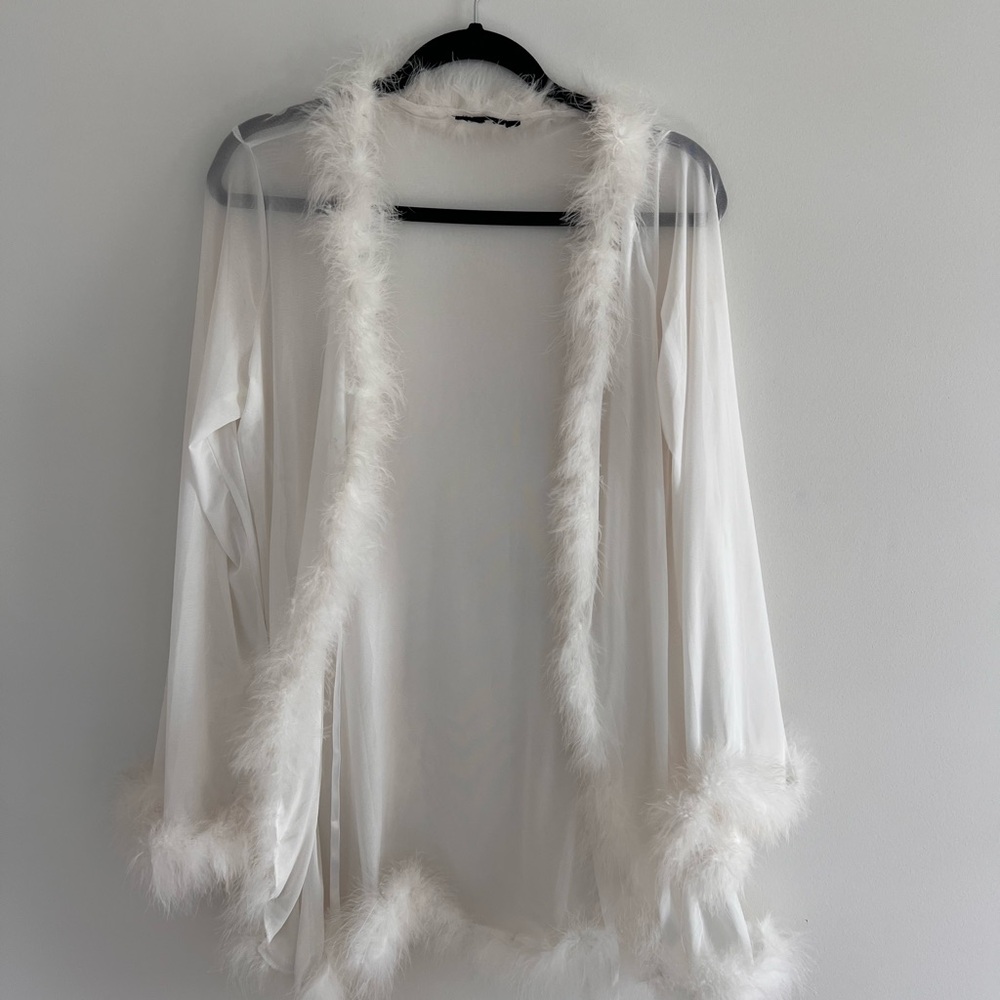 Sheer bridal feather trimmed cardigan